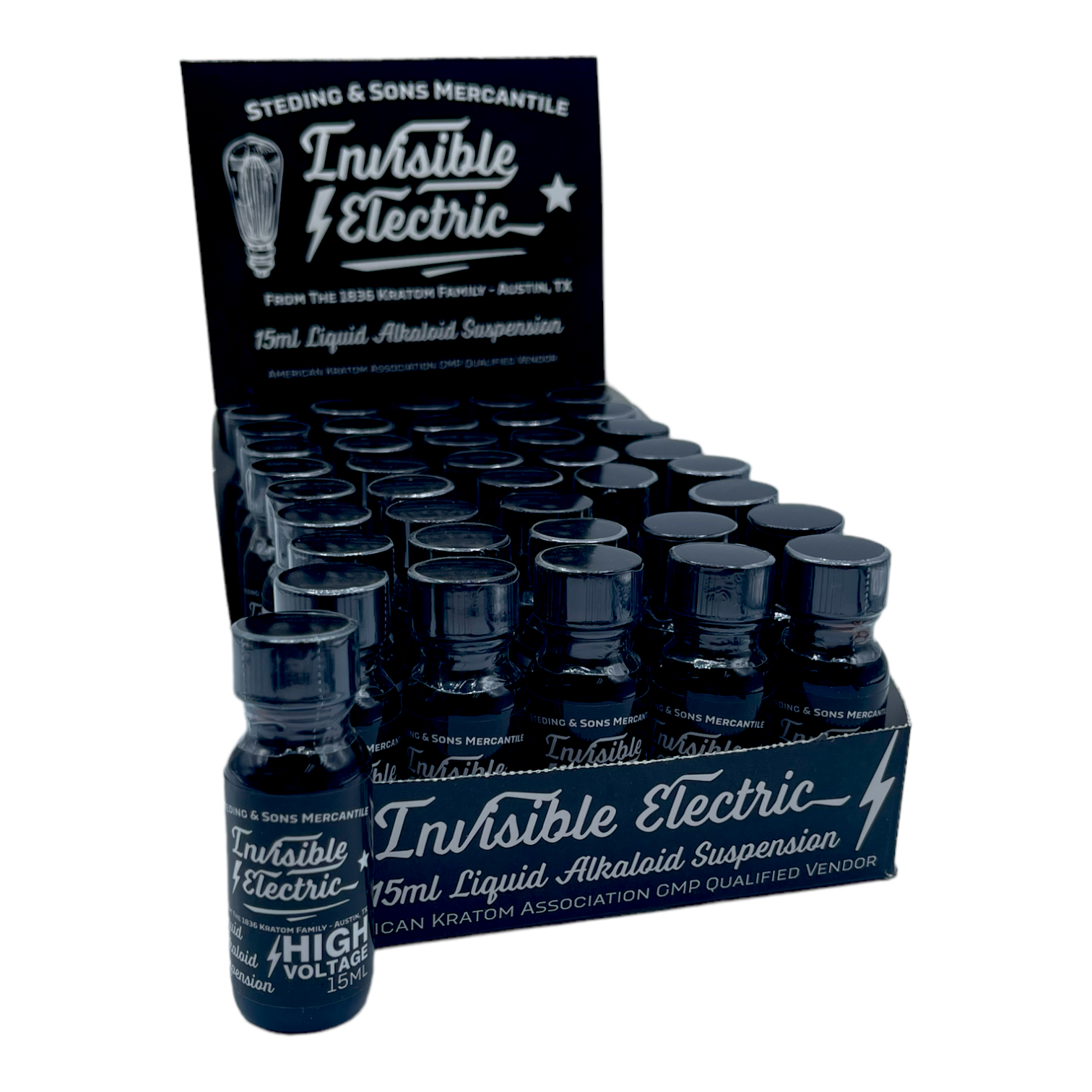 1836 Kratom Invisible Electric High Voltage Kratom Shot, 100mg, 15mL - box