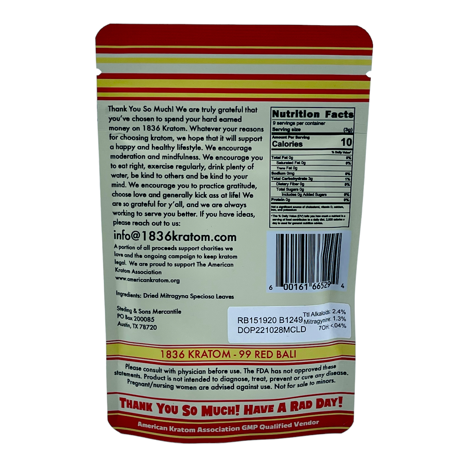 1836 Kratom 99 Red Bali Kratom Powder - back view