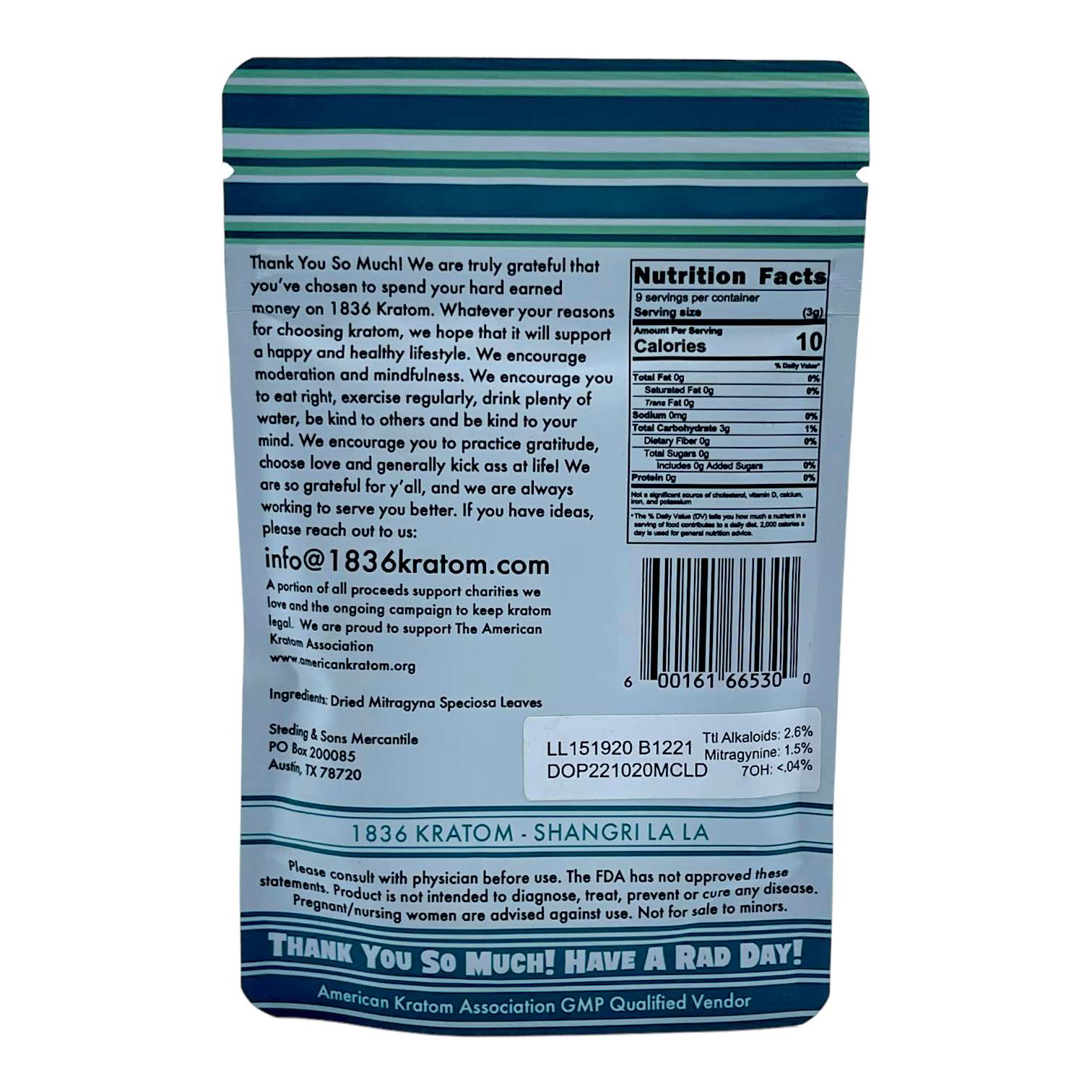 1836 Kratom Shangri La La Kratom Powder - back view
