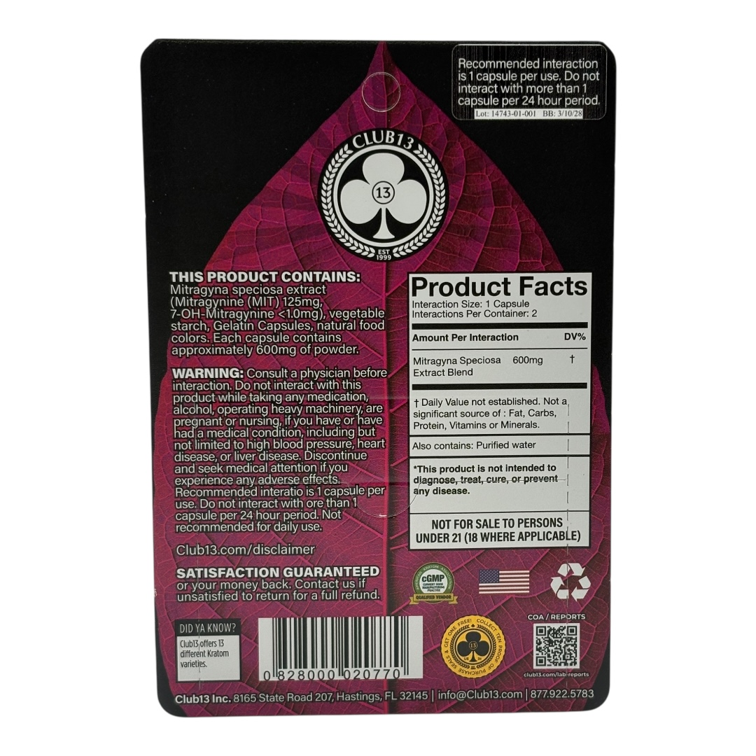 Club 13 Ultimate Kratom Extract Capsules 125 MIT x 2ct - for Focus