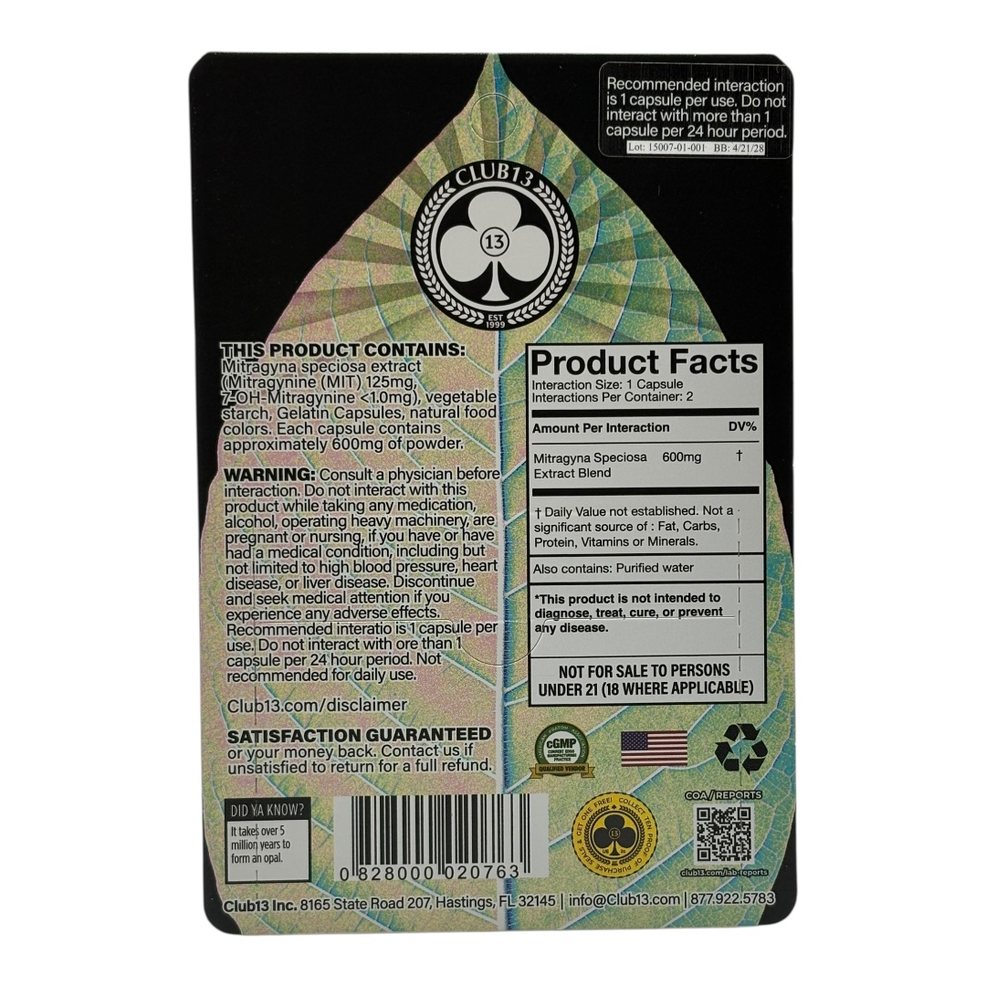 Club 13 Ultimate Kratom Extract Capsules 125 MIT x 2ct - for Pain Relief